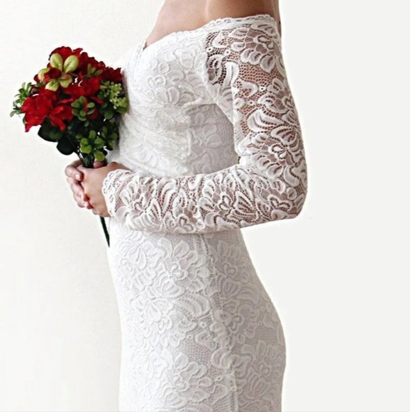 Blush Couture Ivory Stretch Lace Long Sleeve Trumpet Wedding Gown Size L/XL - Picture 6 of 8